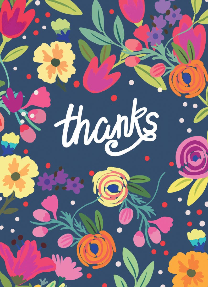 DARK BLUE FLORAL THANKS THANK YOU GREETING CARD 4.5 x 6.25"