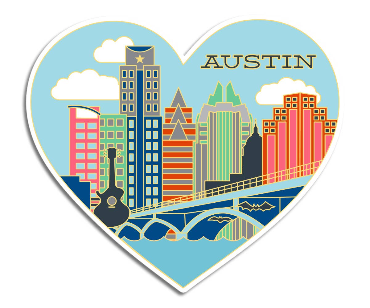 Austin Texas Skyline Heart Die Cut Sticker