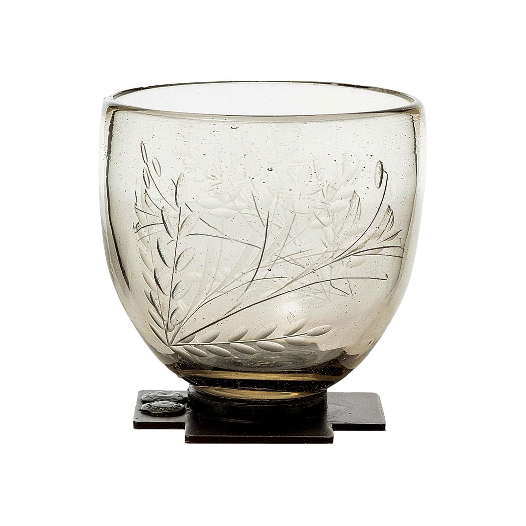 Jan Barboglio Pepita Cruz Goblet w/etched glass & Iron Cross Base