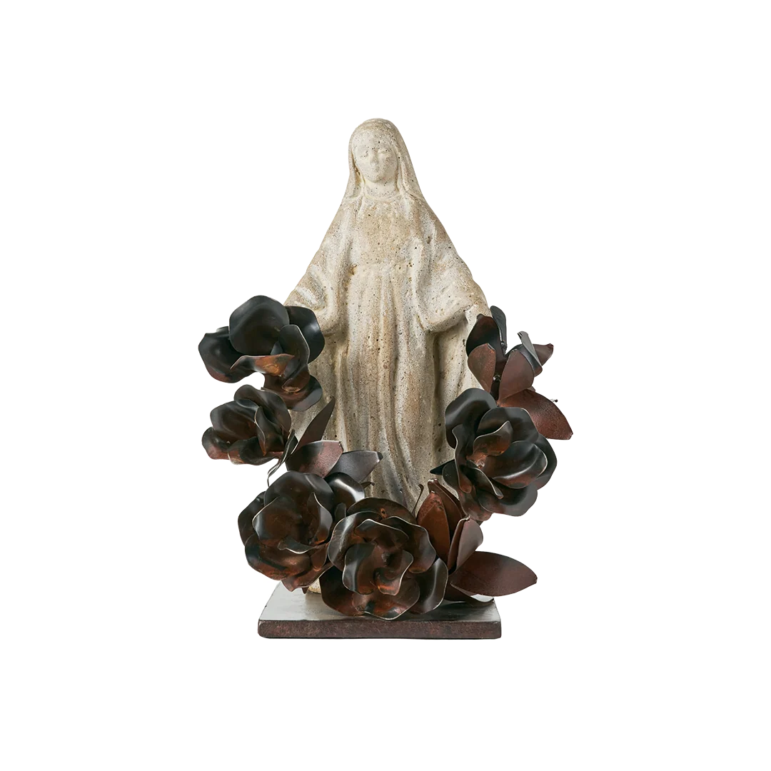 Jan Barboglio Saint Theresa Stone Virgin on Iron Stand w/ Forged Wreath Roses