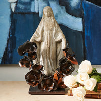 Jan Barboglio Saint Theresa Stone Virgin on Iron Stand w/ Forged Wreath Roses