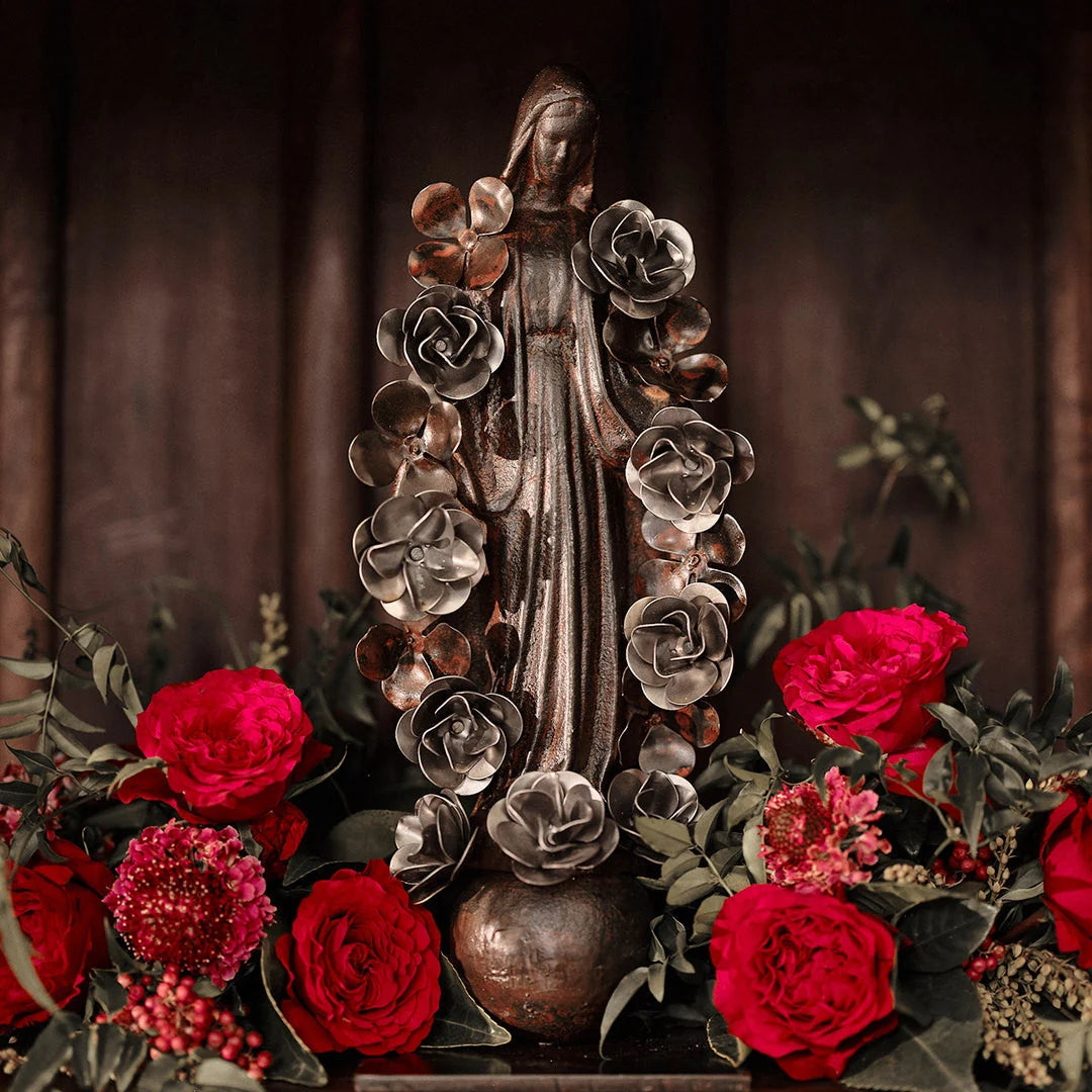 Jan Barboglio Virgen Con Flores on Balin Base & Zinc Finish Flowers