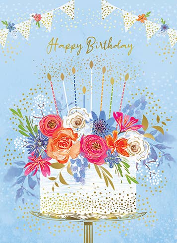 BIRTHDAY CAKE BLUE FLORAL BIRTHDAY GREETING CARD 4.5 x 6.25"