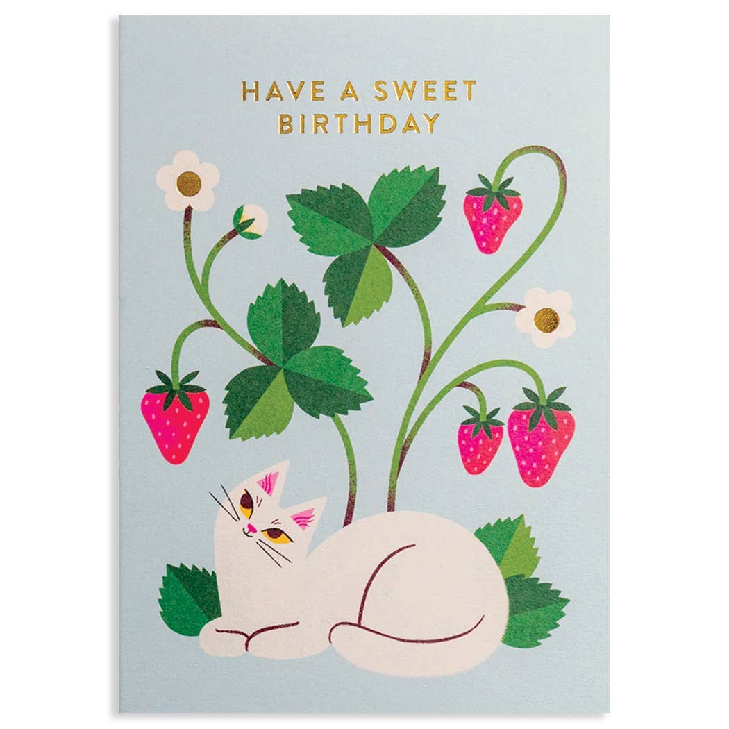 CAT AND STRAWBERRIES BIRTHDAY GREETING CARD 4.25 x 6.0625"