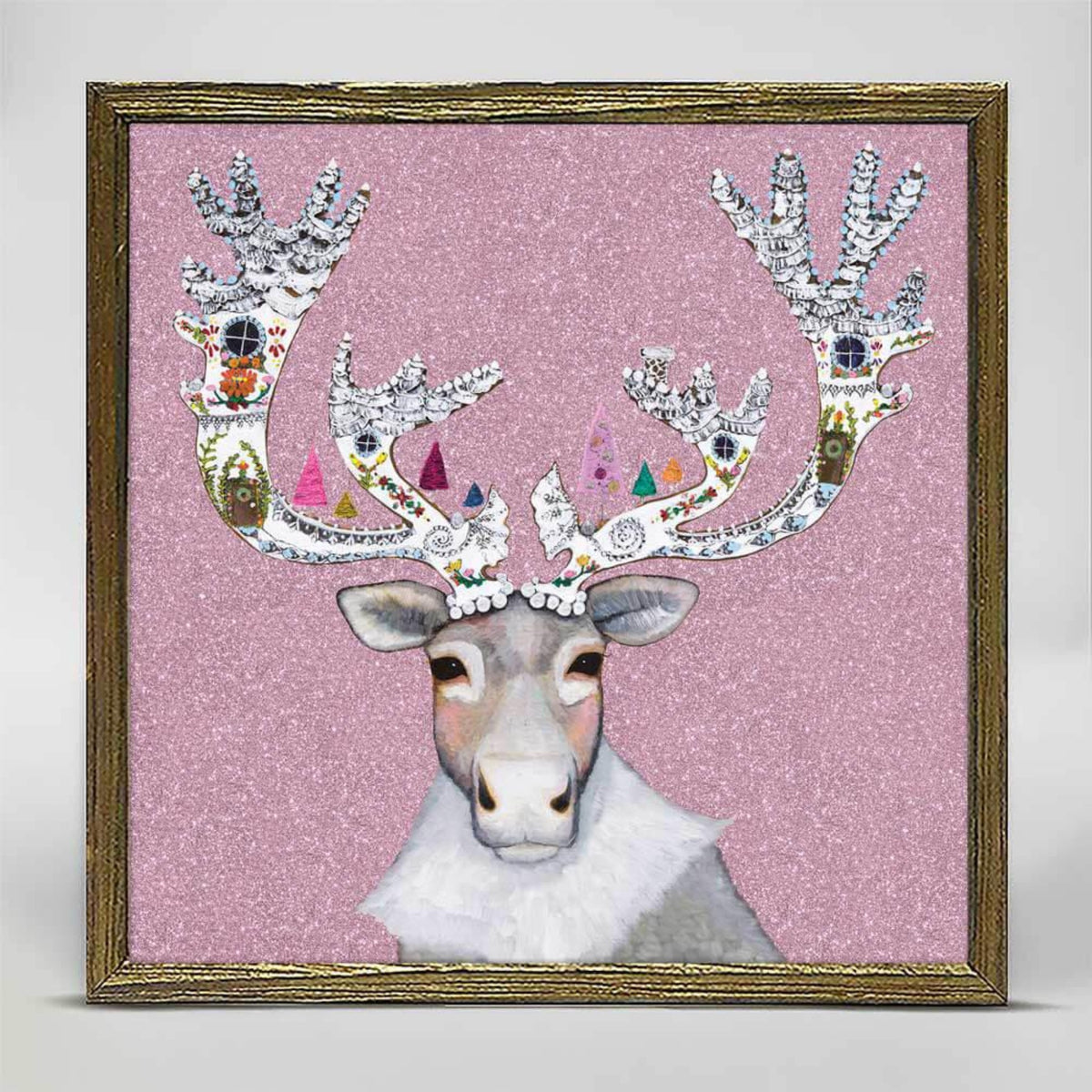 Gingerbread Caribou Pink Embellished Mini Framed Canvas 6x6